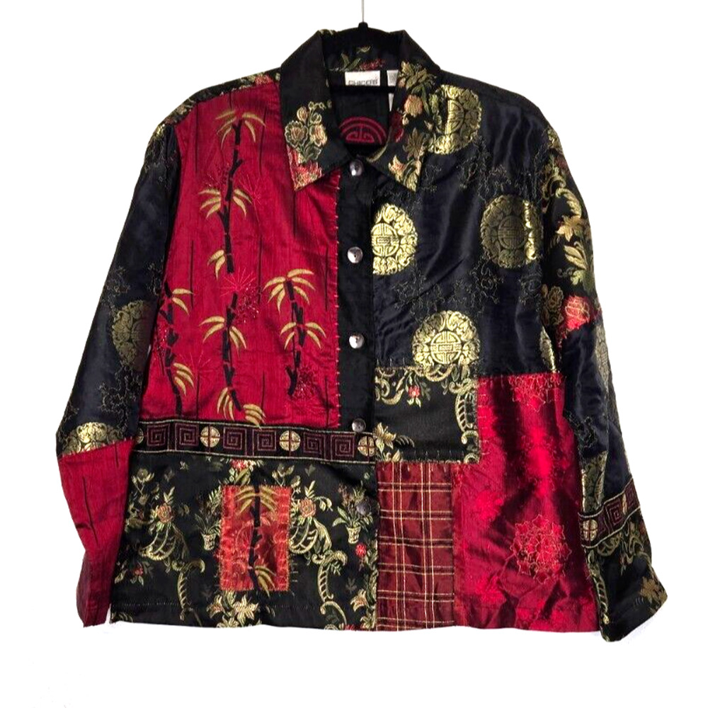 Vintage Chicos Jacket 2 Large Beaded Patch Embroidered Silk Asian Tapestry Artsy